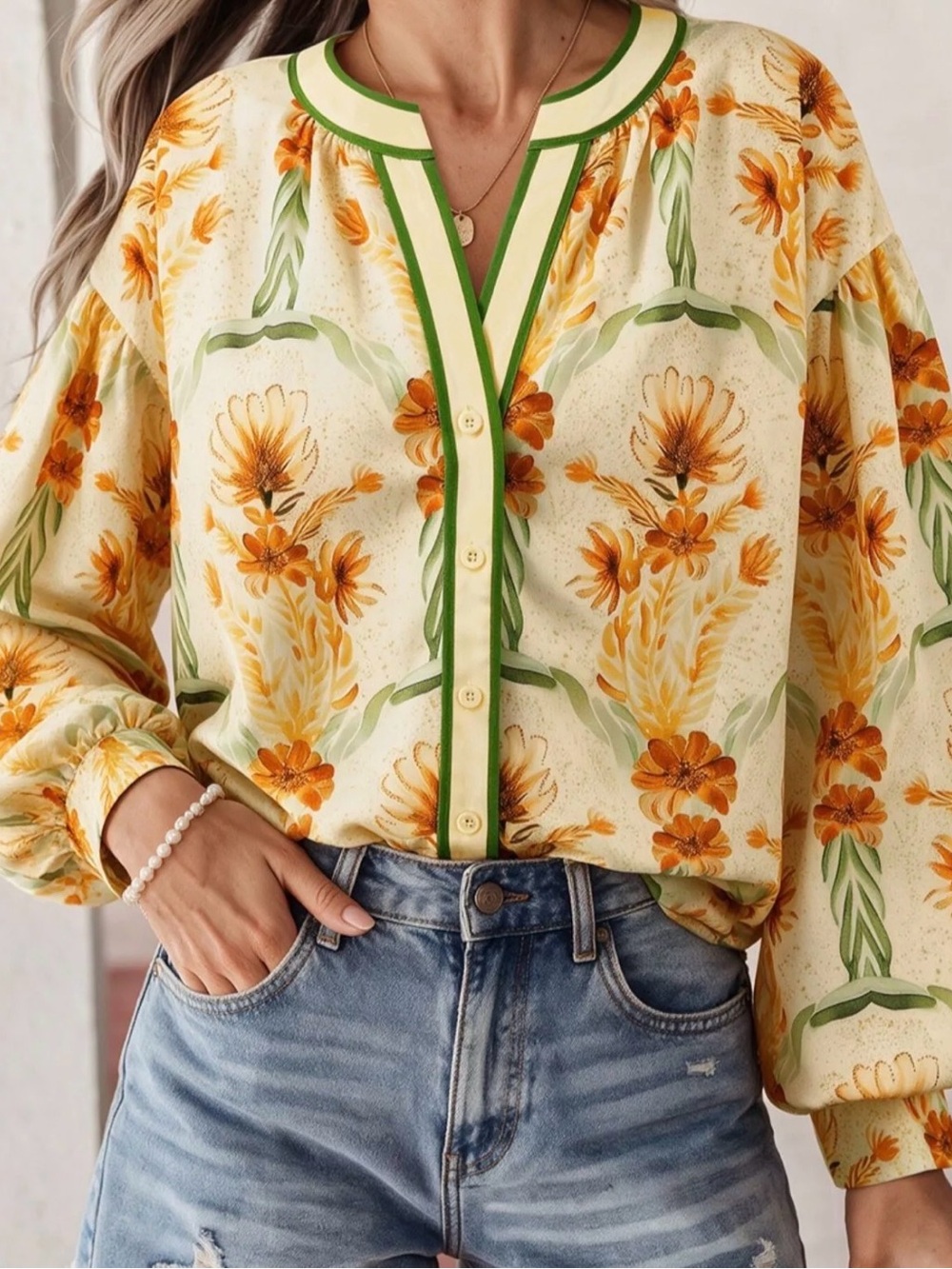 NWOT Beautiful Floral Button-Front Blouse in Yellow and Green